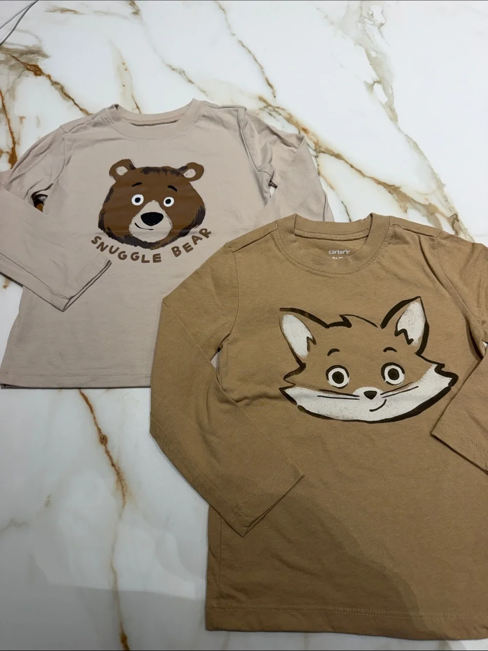 Carter's Beige & Tan Long Sleeve Kids' Animal Face Tees - Bear & Fox